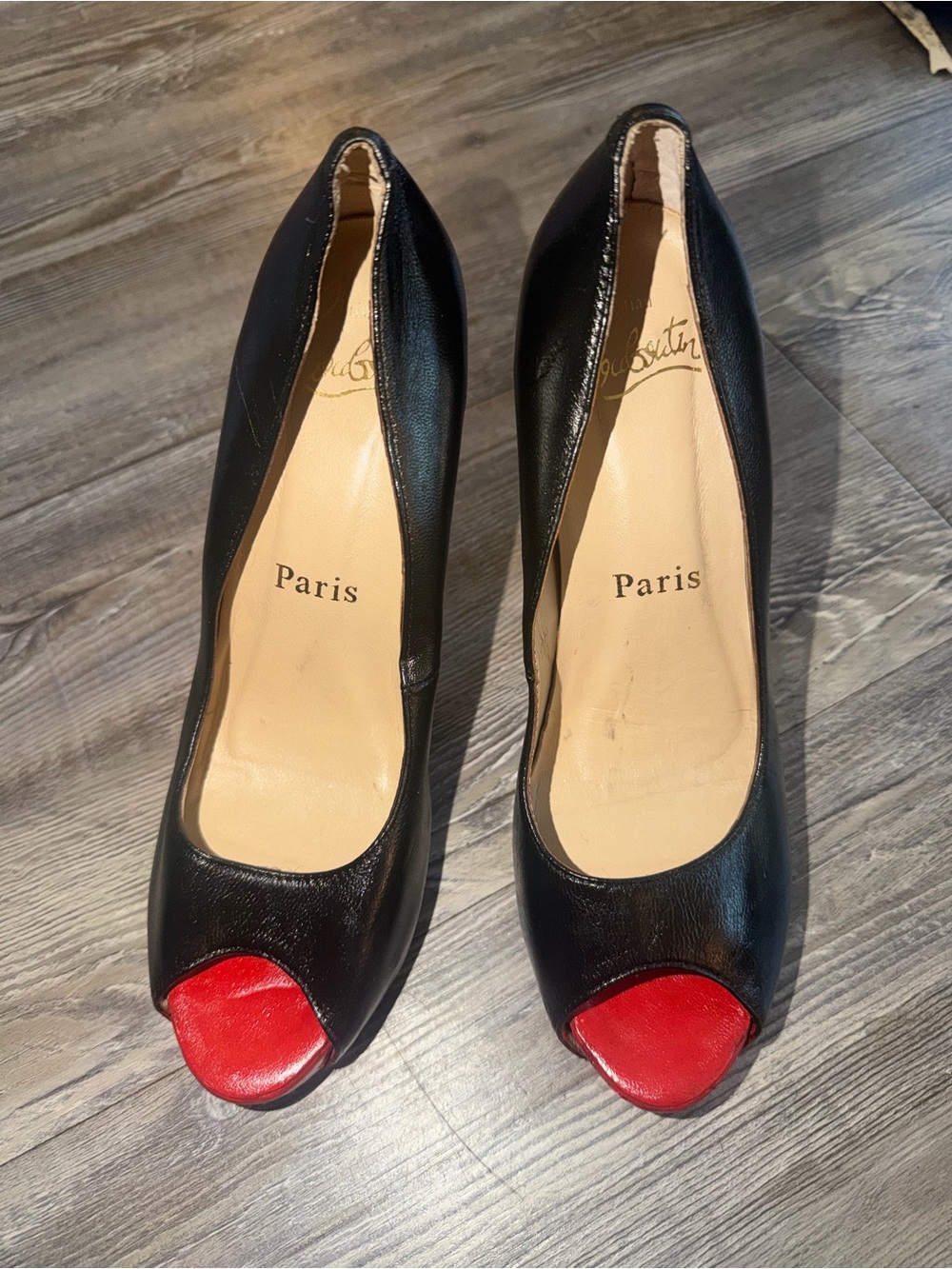 Christian Louboutin Black Leather Peep-Toe Pumps with Red Toe